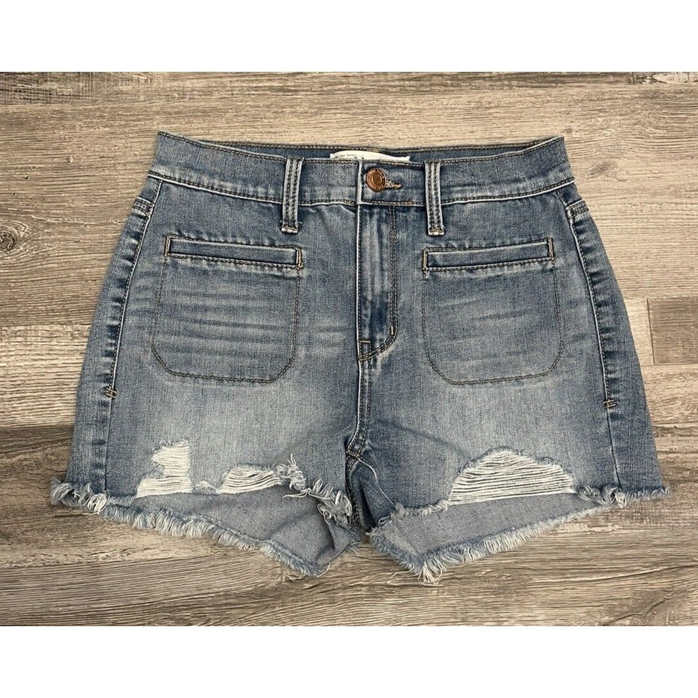 Mudd High-Rise Shortie Shorts Womens 3 FLX Stretch Blue Distressed Denim Pockets